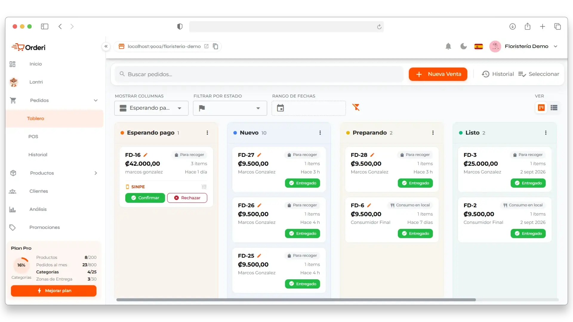Orderi Kanban board with WhatsApp orders organized by status